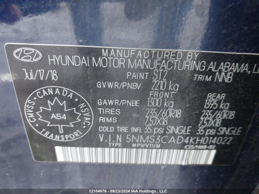 5NMS3CAD4KH014022 2019 Hyundai Santa Fe Sel/Sel Plus