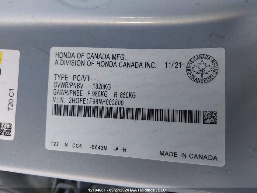 2HGFE1F98NH003806 2022 Honda Civic Sedan