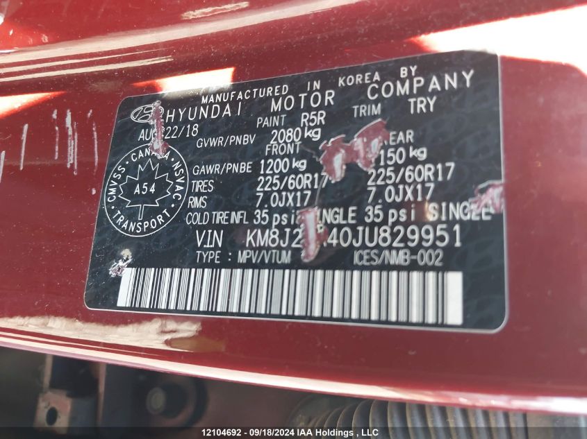 2018 Hyundai Tucson Se VIN: KM8J23A40JU829951 Lot: 12104692