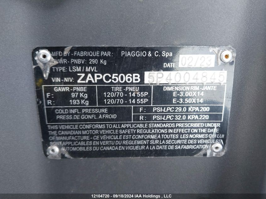 2023 Piaggio VIN: ZAPC506B5P4004845 Lot: 12104720