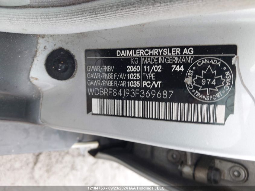 2003 Mercedes-Benz C 320 Sport VIN: WDBRF84J93F369687 Lot: 12104753