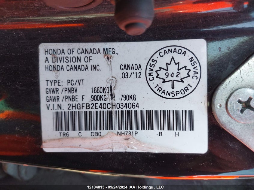 2012 Honda Civic VIN: 2HGFB2E40CH034064 Lot: 12104813