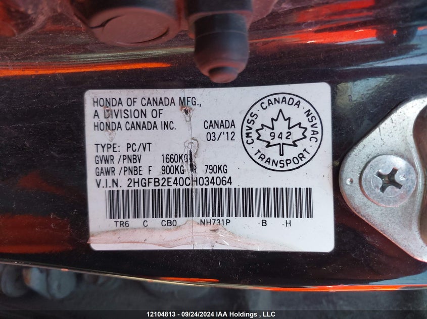 2012 Honda Civic VIN: 2HGFB2E40CH034064 Lot: 12104813