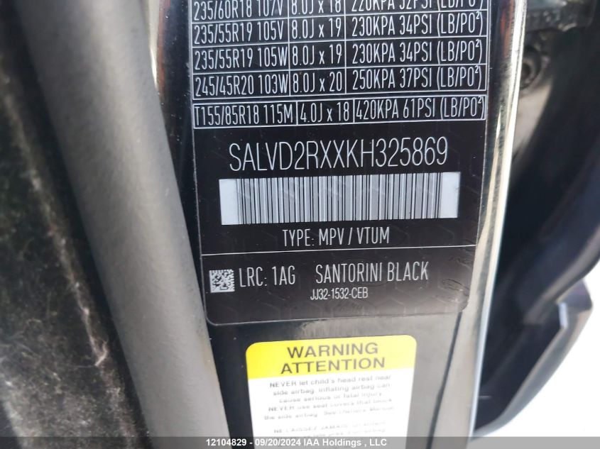 2019 Land Rover Range Rover Evoque VIN: SALVD2RXXKH325869 Lot: 12104829