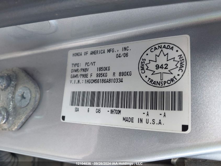 2006 Honda Accord Sdn VIN: 1HGCM56186A810334 Lot: 12104836