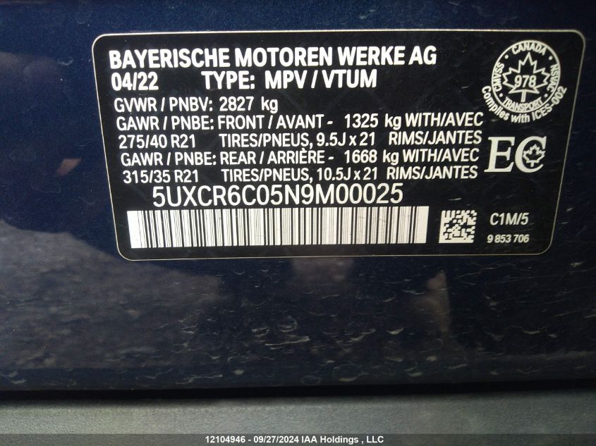 2022 BMW X5 VIN: 5UXCR6C05N9M00025 Lot: 12104946