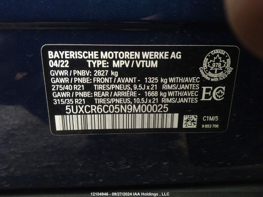 2022 BMW X5 VIN: 5UXCR6C05N9M00025 Lot: 12104946