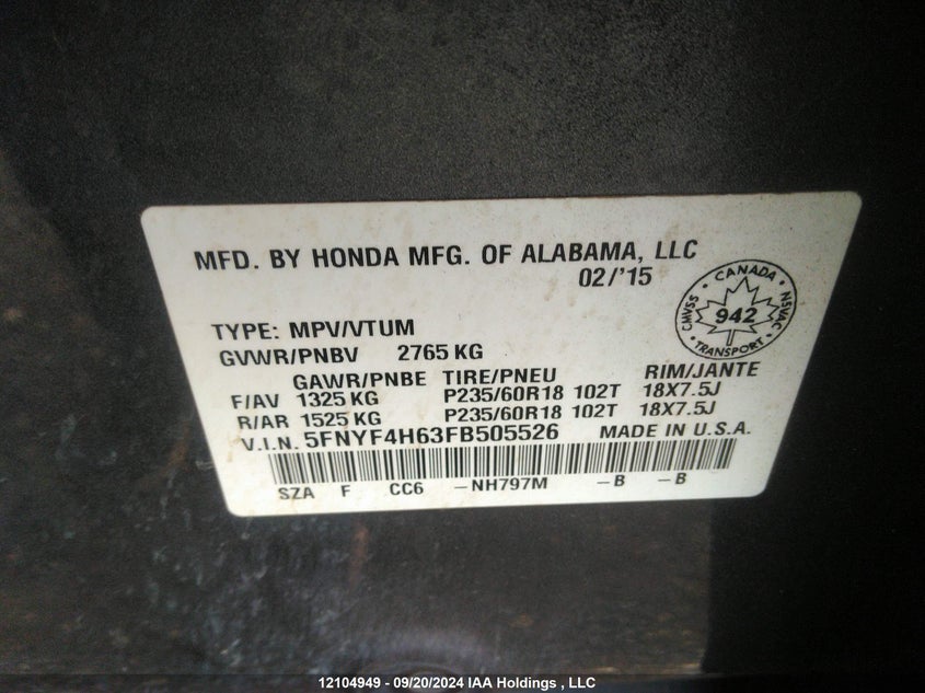 2015 Honda Pilot VIN: 5FNYF4H63FB505526 Lot: 12104949