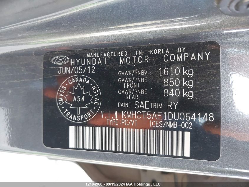 2013 Hyundai Accent Gls/Gs VIN: KMHCT5AE1DU064148 Lot: 12104960