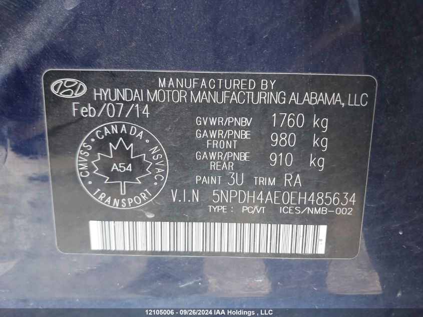 5NPDH4AE0EH485634 2014 Hyundai Elantra Se/Sport/Limited