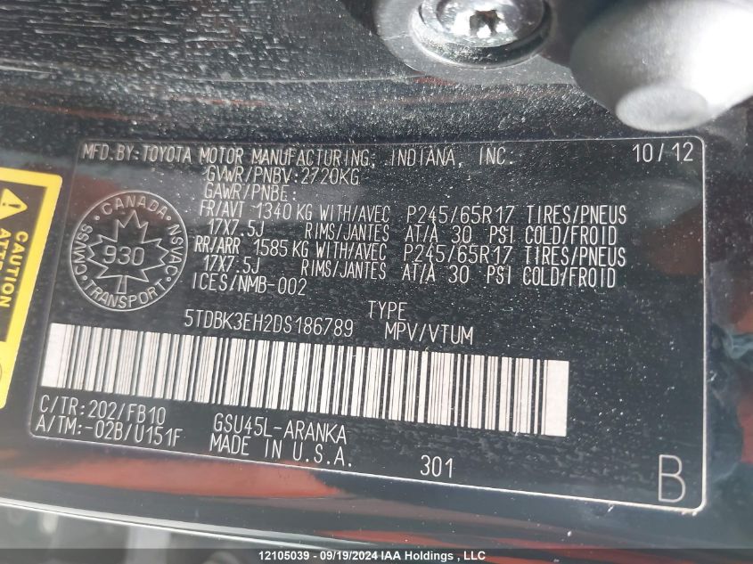 2013 Toyota Highlander Plus/Se VIN: 5TDBK3EH2DS186789 Lot: 12105039