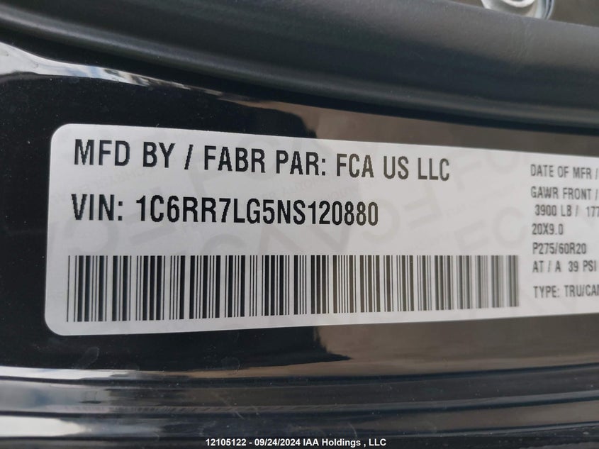 2022 Ram 1500 Classic Slt VIN: 1C6RR7LG5NS120880 Lot: 12105122