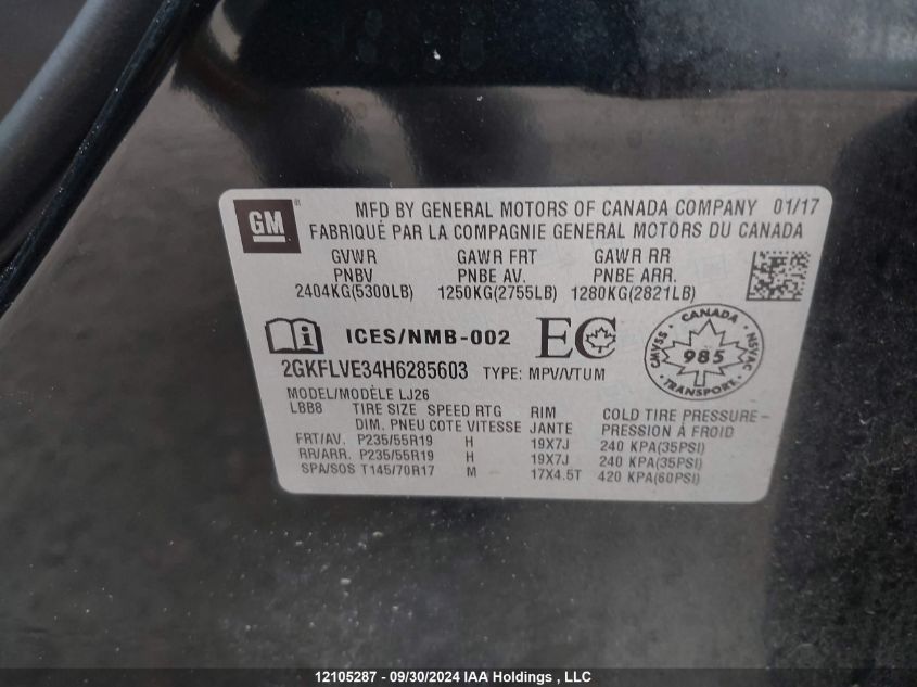2017 GMC Terrain VIN: 2GKFLVE34H6285603 Lot: 12105287