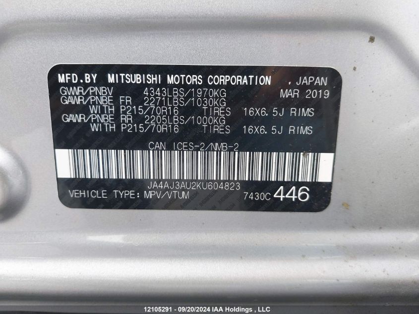 2019 Mitsubishi Rvr VIN: JA4AJ3AU2KU604823 Lot: 12105291