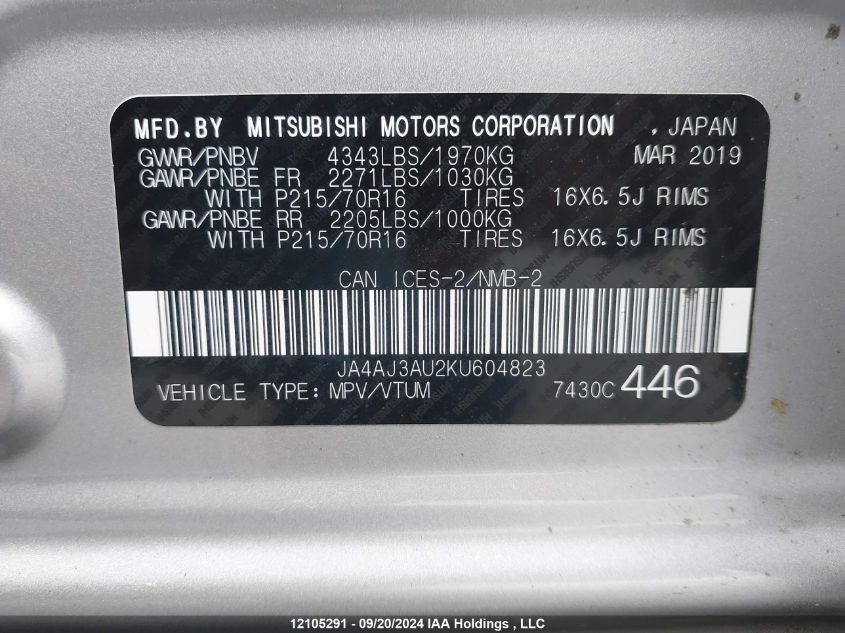 2019 Mitsubishi Rvr VIN: JA4AJ3AU2KU604823 Lot: 12105291