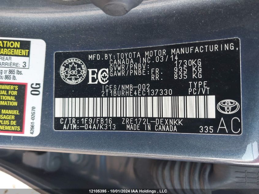 2014 Toyota Corolla L/Le/Le Pls/Prm/S/S Pls VIN: 2T1BURHE4EC137330 Lot: 12105395