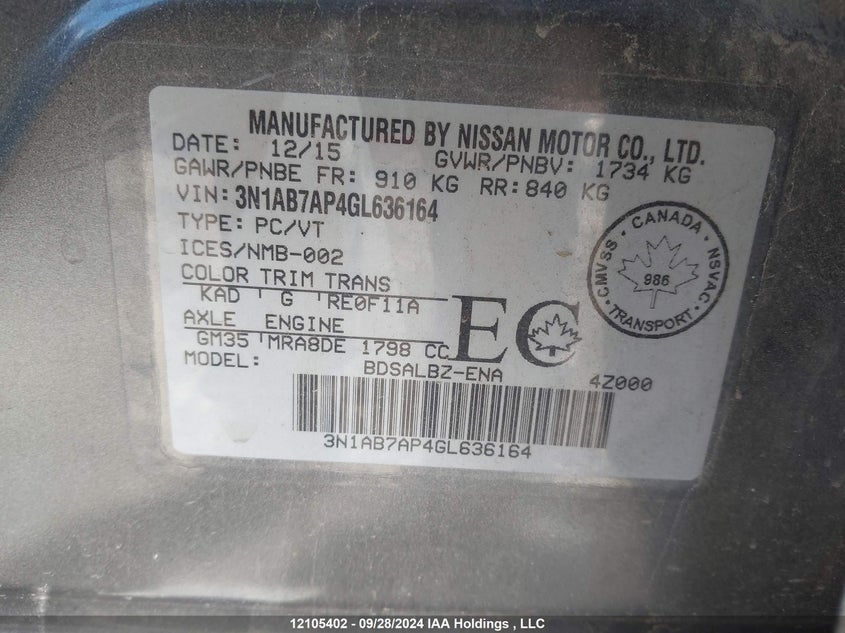 2016 Nissan Sentra VIN: 3N1AB7AP4GL636164 Lot: 12105402