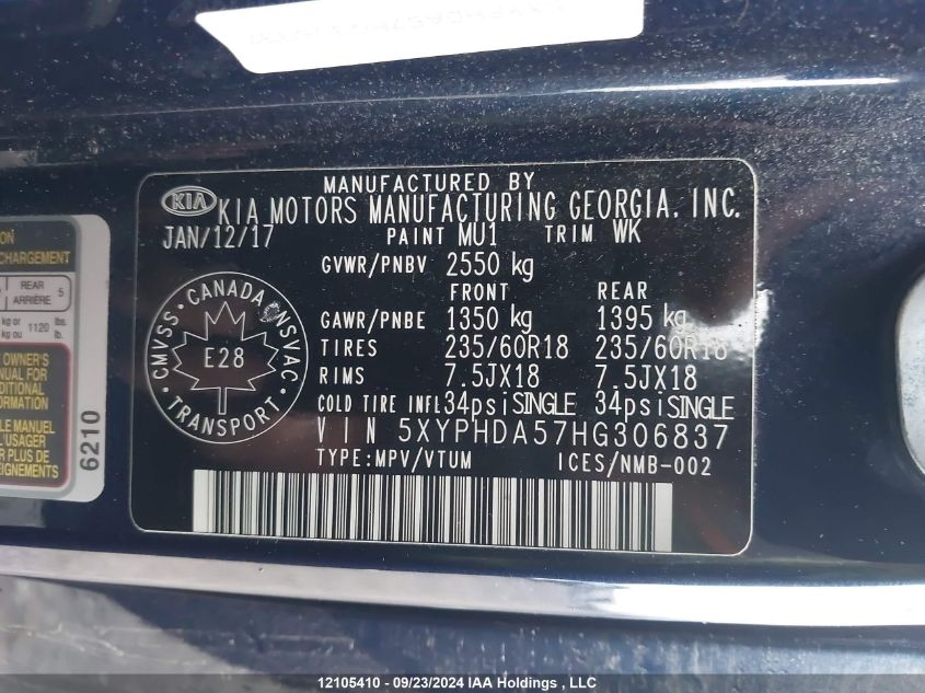 2017 Kia Sorento Ex VIN: 5XYPHDA57HG306837 Lot: 12105410