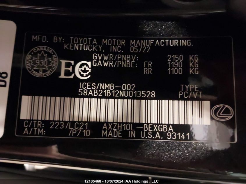 2022 Lexus Es 300H 300H VIN: 58AB21B12NU013528 Lot: 12105468