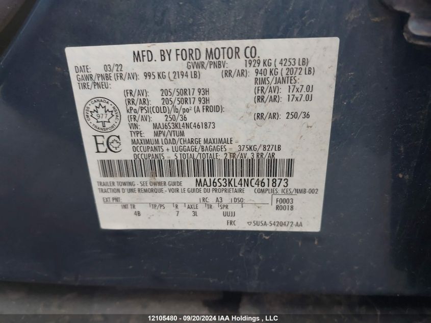 2022 Ford Ecosport Titanium VIN: MAJ6S3KL4NC461873 Lot: 12105480