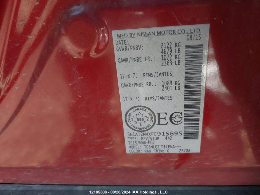 2015 Nissan Rogue S/Sl/Sv VIN: 5N1AT2MVXFC915695 Lot: 12105508