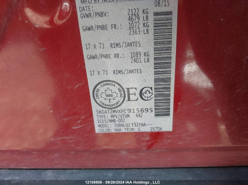 2015 Nissan Rogue S/Sl/Sv VIN: 5N1AT2MVXFC915695 Lot: 12105508