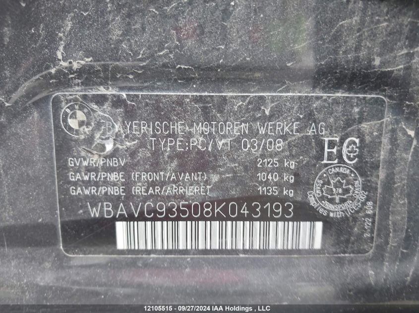 2008 BMW 328 Xi VIN: WBAVC93508K043193 Lot: 12105515