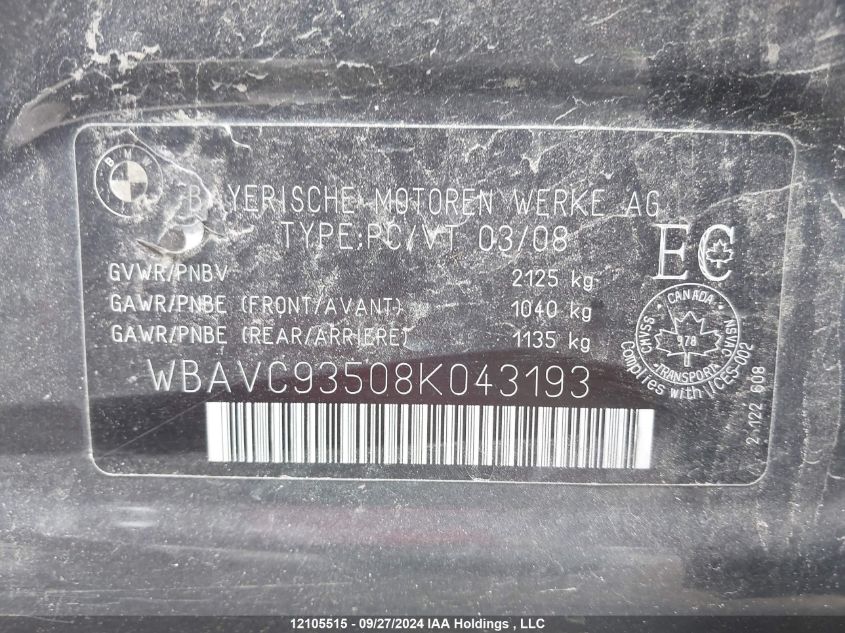 2008 BMW 328 Xi VIN: WBAVC93508K043193 Lot: 12105515