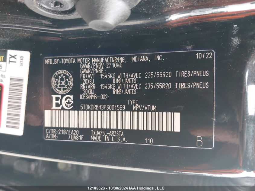 2023 Toyota Highlander VIN: 5TDKDRBH3PS004569 Lot: 12105523