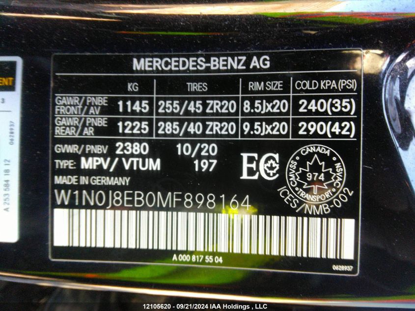 2021 Mercedes-Benz Glc VIN: W1N0J8EB0MF898164 Lot: 12105620