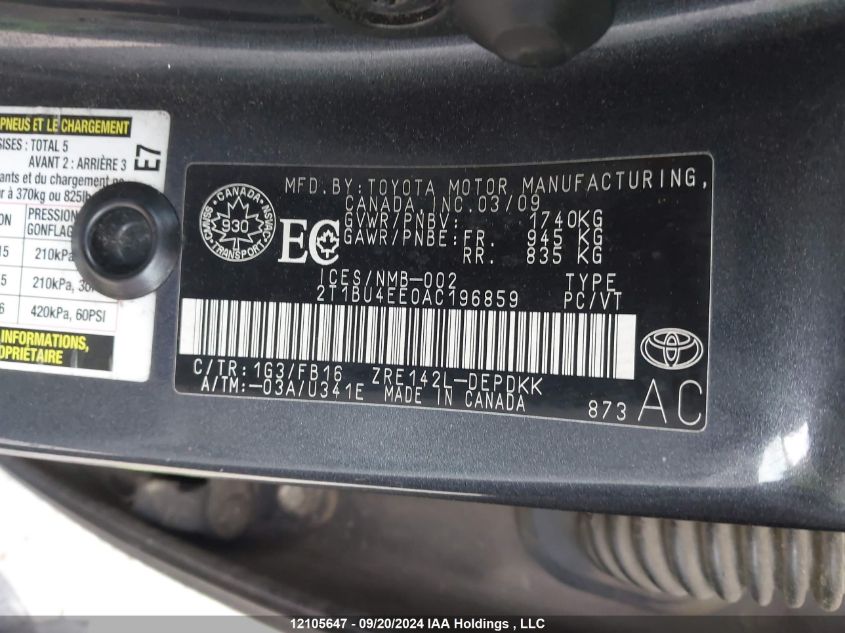 2010 Toyota Corolla Ce VIN: 2T1BU4EE0AC196859 Lot: 12105647