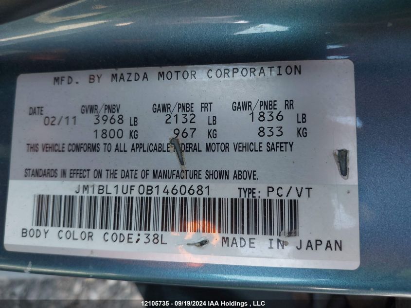 2011 Mazda Mazda3 VIN: JM1BL1UF0B1460681 Lot: 12105735