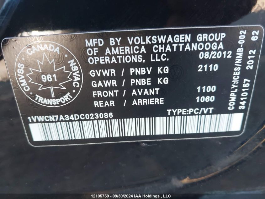 2013 Volkswagen Passat VIN: 1VWCN7A34DC023086 Lot: 12105759