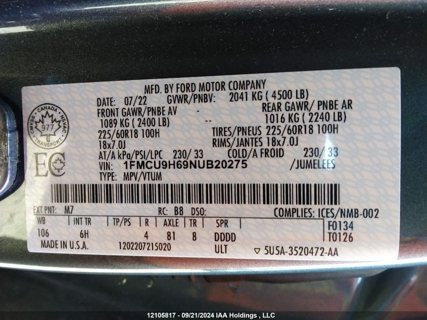 2022 Ford Escape Sel VIN: 1FMCU9H69NUB20275 Lot: 12105817