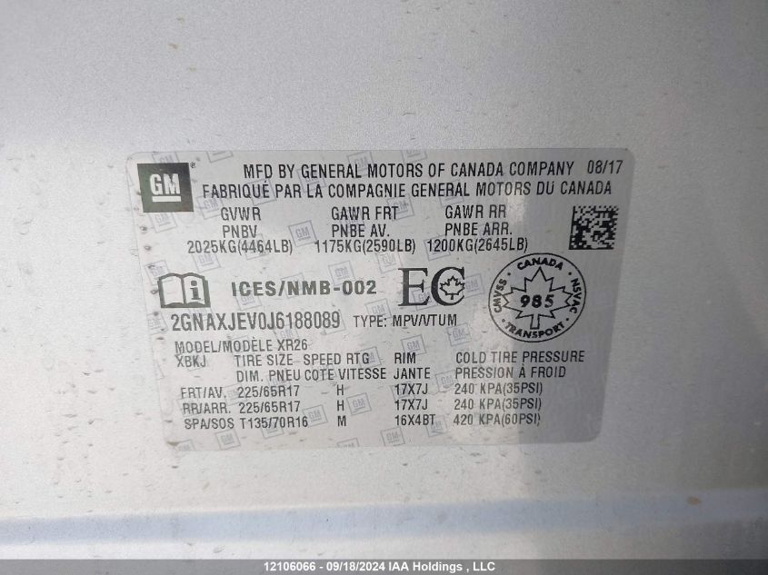 2018 Chevrolet Equinox Lt VIN: 2GNAXJEV0J6188089 Lot: 12106066