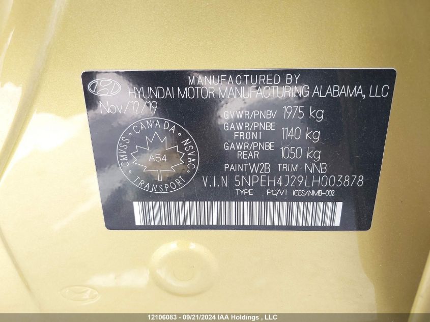 2020 Hyundai Sonata Ultimate VIN: 5NPEH4J29LH003878 Lot: 12106083