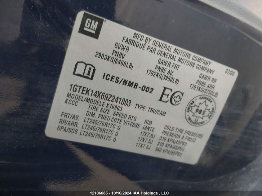 2009 GMC Sierra 1500 VIN: 1GTEK14X69Z241003 Lot: 12106085