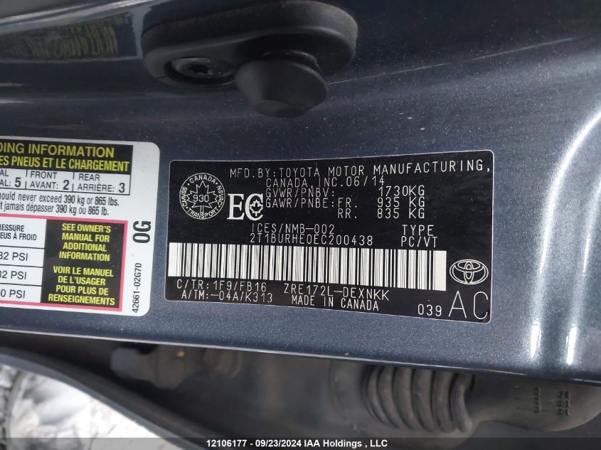 2T1BURHE0EC200438 2014 Toyota Corolla L/Le/Le Pls/Prm/S/S Pls