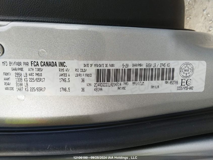 2020 Dodge Grand Caravan Premium Plus VIN: 2C4RDGCG1LR214714 Lot: 12106180