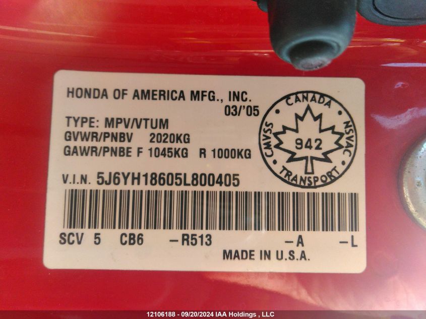 2005 Honda Element VIN: 5J6YH18605L800405 Lot: 12106188