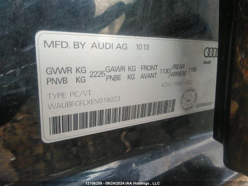 2014 Audi A4 VIN: WAUBFCFLXEN018023 Lot: 12106259