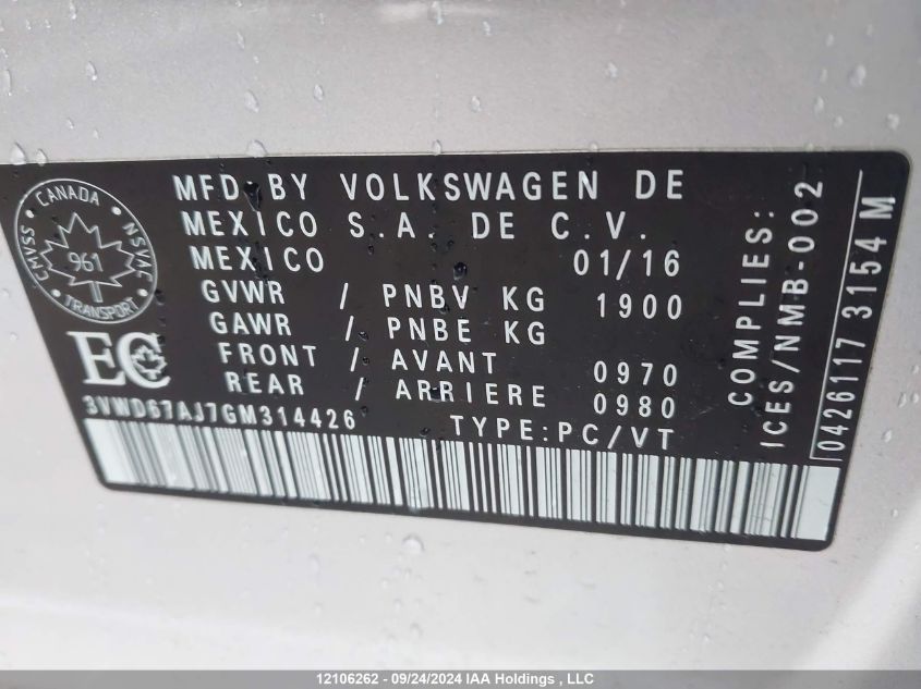 3VWD67AJ7GM314426 2016 Volkswagen Jetta Sedan