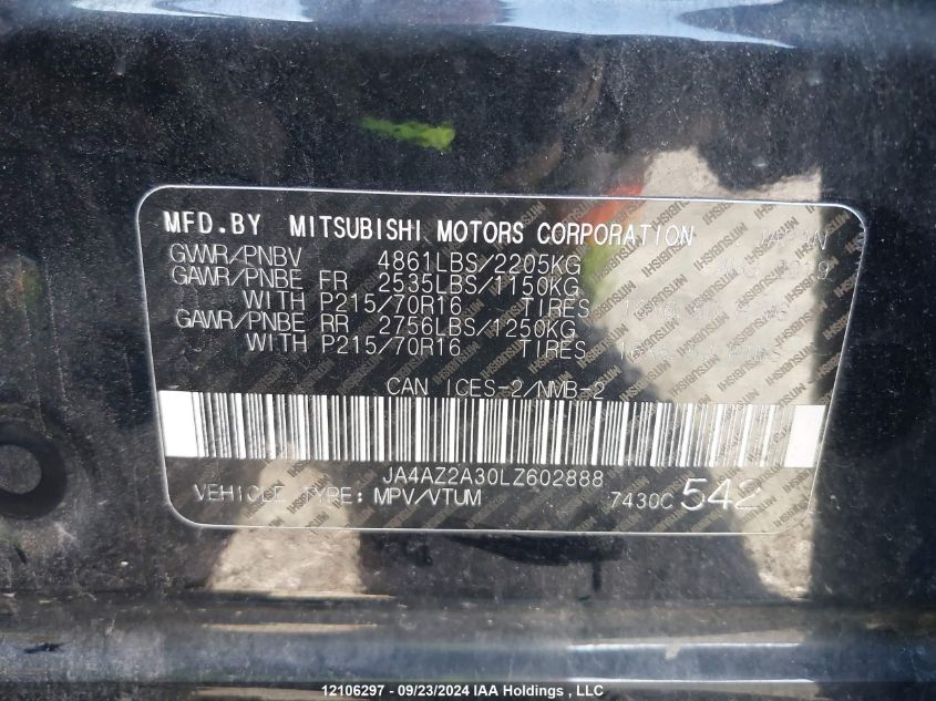 2020 Mitsubishi Outlander VIN: JA4AZ2A30LZ602888 Lot: 12106297