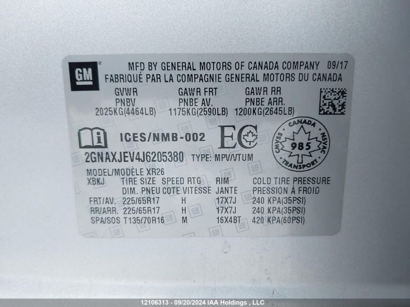 2018 Chevrolet Equinox Lt VIN: 2GNAXJEV4J6205380 Lot: 12106313