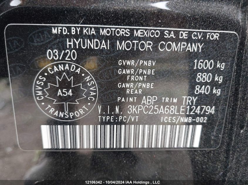 2020 Hyundai Accent Se/Sel VIN: 3KPC25A68LE124794 Lot: 12106342