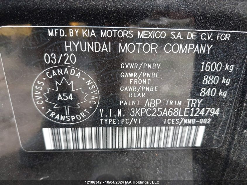 2020 Hyundai Accent Se/Sel VIN: 3KPC25A68LE124794 Lot: 12106342