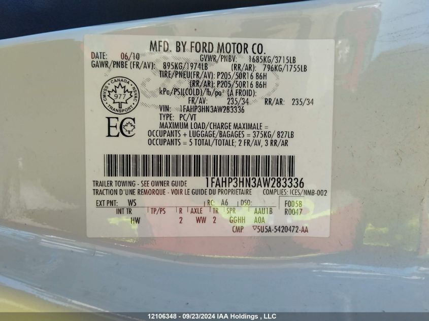 1FAHP3HN3AW283336 2010 Ford Focus Sel