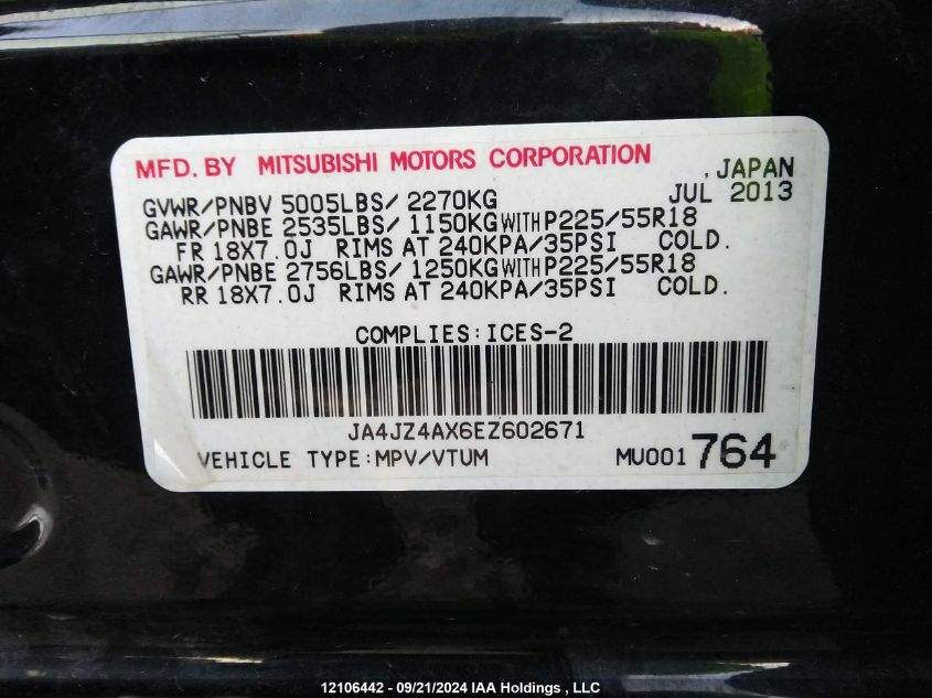 2014 Mitsubishi Outlander VIN: JA4JZ4AX6EZ602671 Lot: 12106442