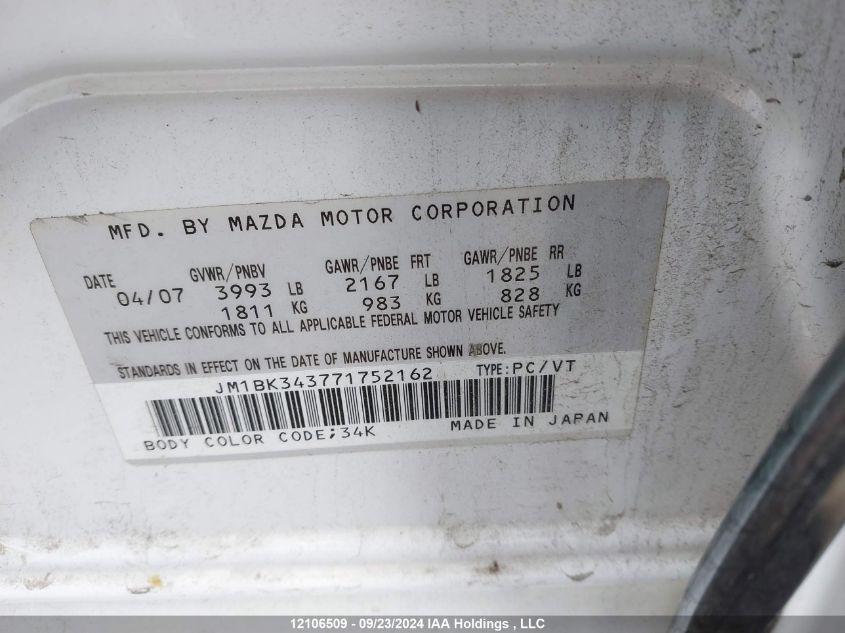 2007 Mazda Mazda3 VIN: JM1BK343771752162 Lot: 12106509