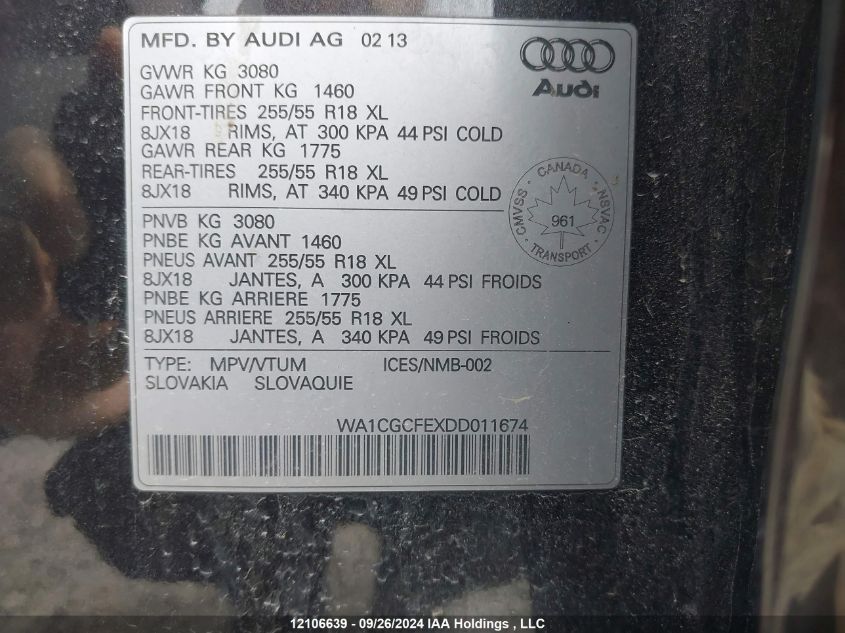 2013 Audi Q7 Premium VIN: WA1CGCFEXDD011674 Lot: 12106639